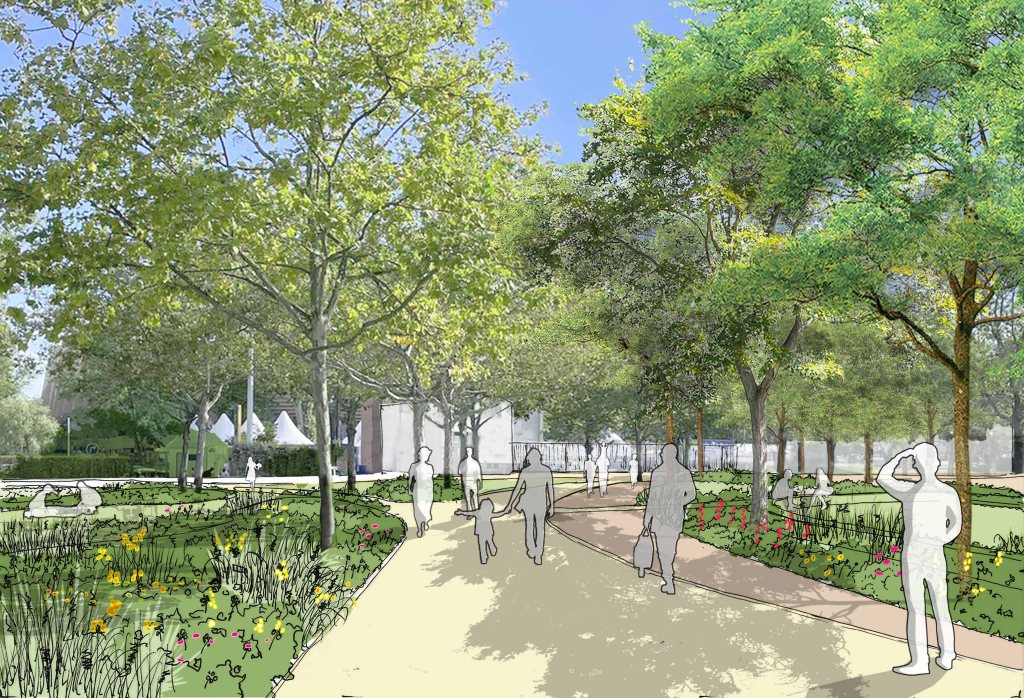 A digital illustration of a park pathway lined with various trees and colorful flowerbeds, featuring people walking and enjoying the outdoor space.